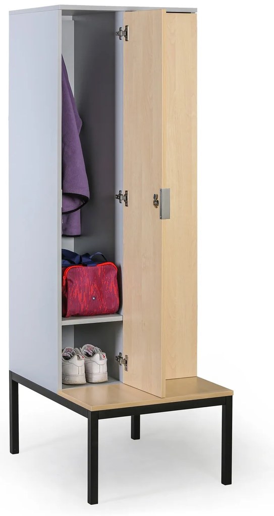 Drewniana szafa ubraniowa S4 z ławką, 4-drzwiowa, 1871 x 1200 x 500/800 mm, demontaż, zamek mechaniczny z kodem, szary/czereśnia