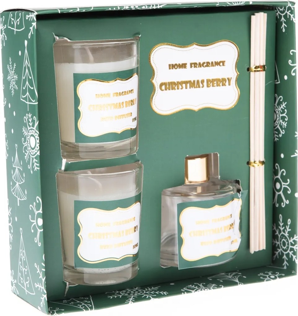 Zestaw upominkowy Świąteczne jagody, 16,6 x 16,6 x 5,7 cm, dyfuzor + 2 świeczki zapachowe