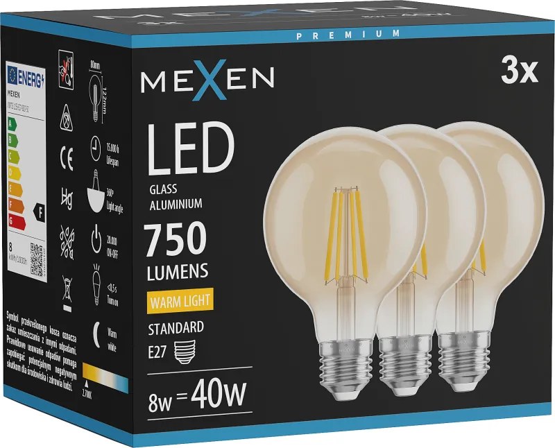Mexen Vintis 3x żarówka filament LED E27, G80, 8W, Ciepła - 2700K, 750 lm, amber - L155-E27-0827-50x03