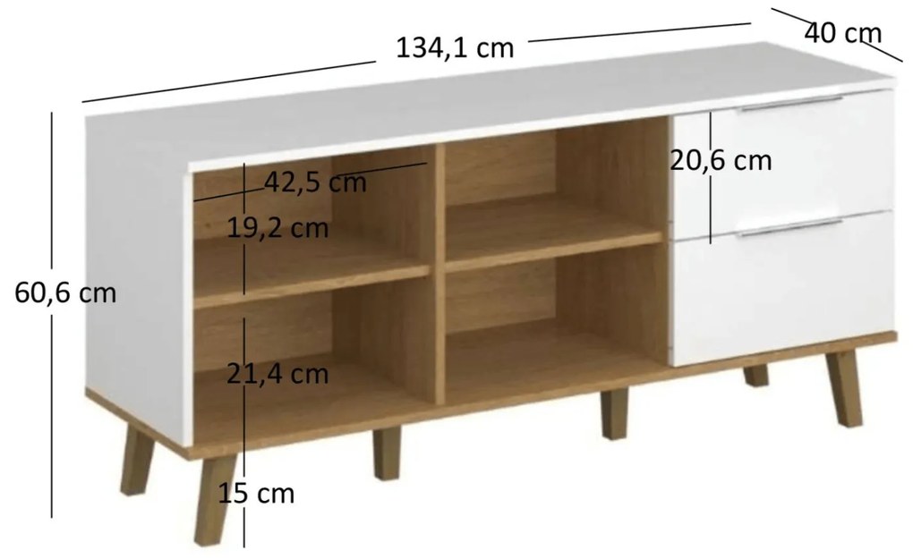 Komoda z Szufladami do Salonu RADIAN 134 cm Biała / Dąb kamienny Nowoczesna
