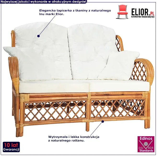 Jasnobrązowa 2-osobowa sofa rattanowa z lnianą tapicerką H3-A65