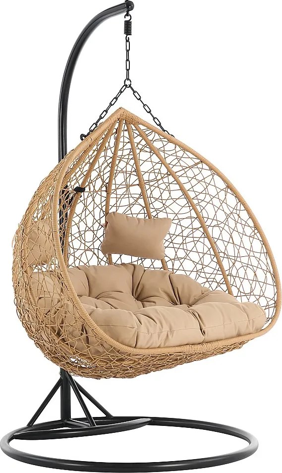 Fotel wiszący 2-osobowy z plecionej żywicy - Jasny naturalny z beżowymi poduszkami - CAYAMBE od MYLIA