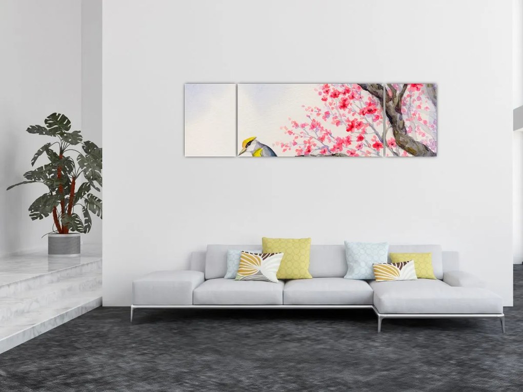 Obraz - ptak na drzewie z czerwonymi kwiatami (170x50 cm)