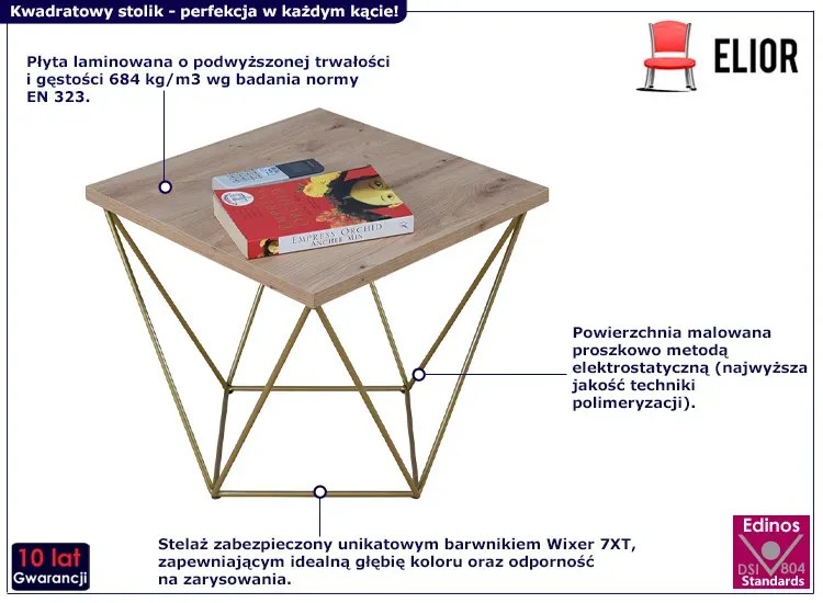 Kwadratowy stolik kawowy dąb artisan + złoty - Galapi 5X