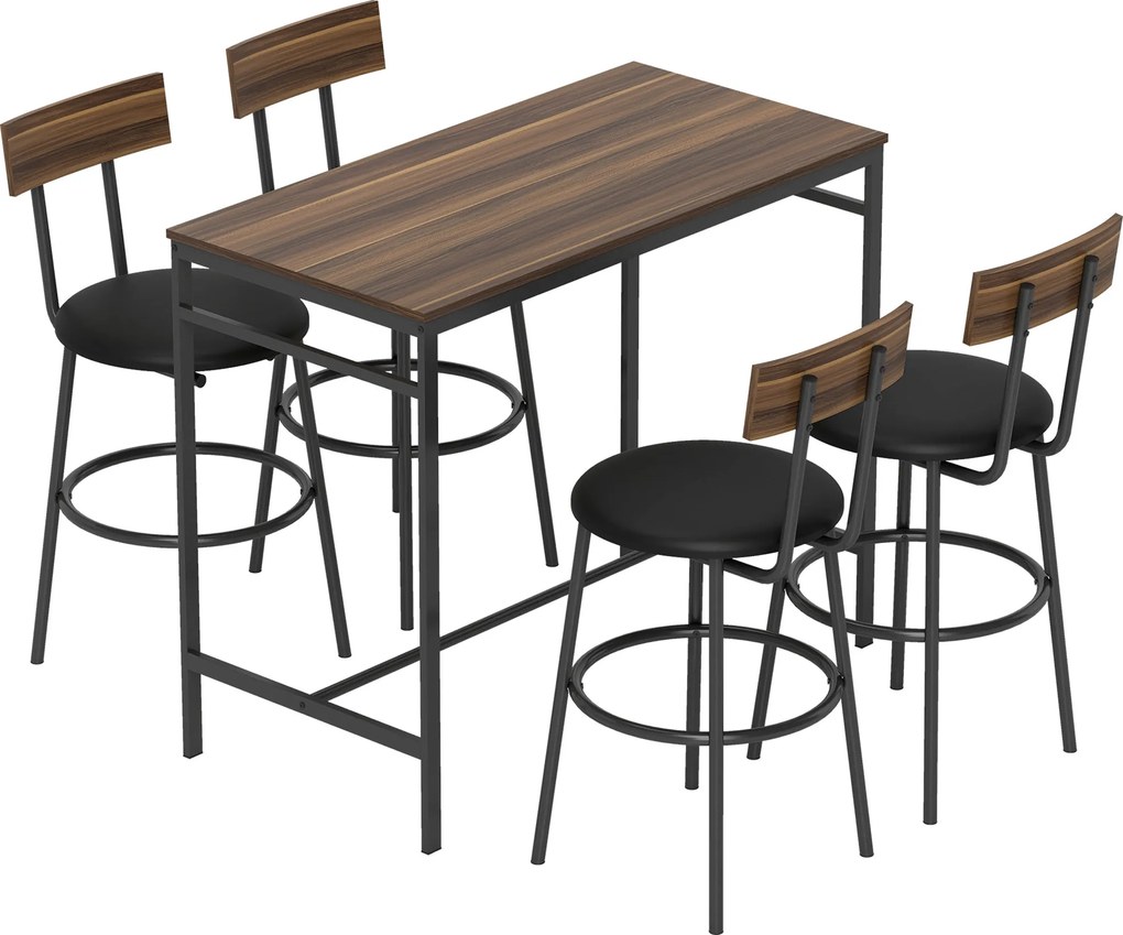 HOMCOM 5-częściowy Zestaw Bartowy z 4 Hockerami, Design Industrialny, do Kuchni, Jadalni, Drewno, Stal, Brązowy
