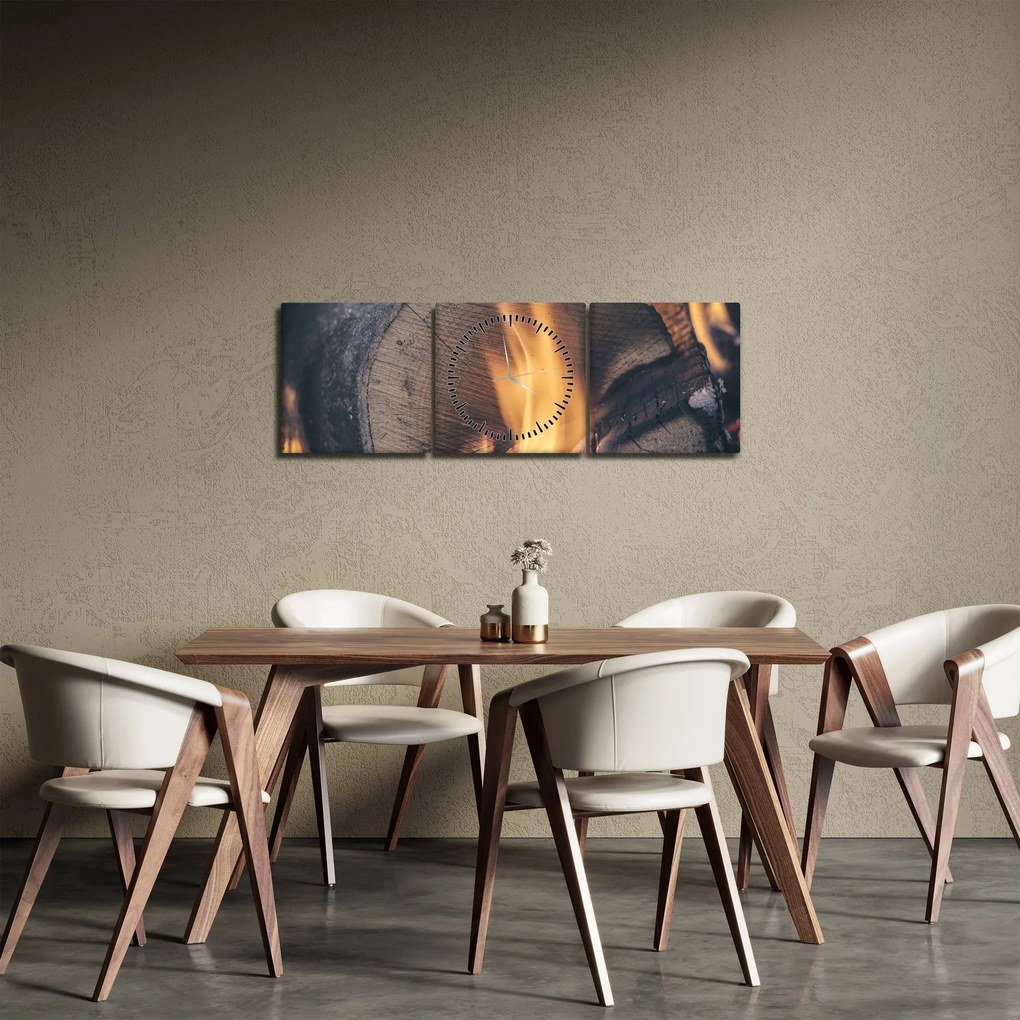 Obraz płonącego drewna (z zegarem) (90x30 cm)