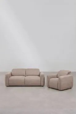 Zestaw Wypoczynkowy Z Dwuosobową, Elektrycznie Rozkładaną I Regulowaną Sofą Oraz Tapicerowanym Fotelem Peggy Brązowa Szenila Pszeniczna - Sklum