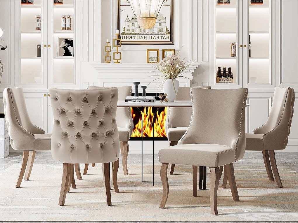 Zestaw 6 aksamitnych krzeseł gondolowych - nogi z litego drewna - beż