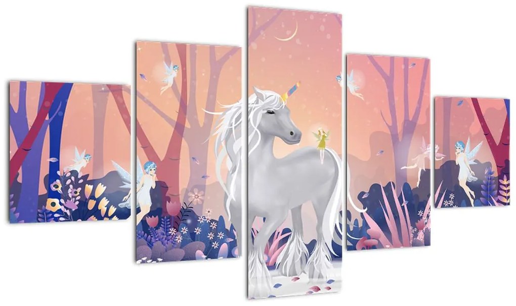 Obraz - Jednorożec w magicznym lesie (125x70 cm)