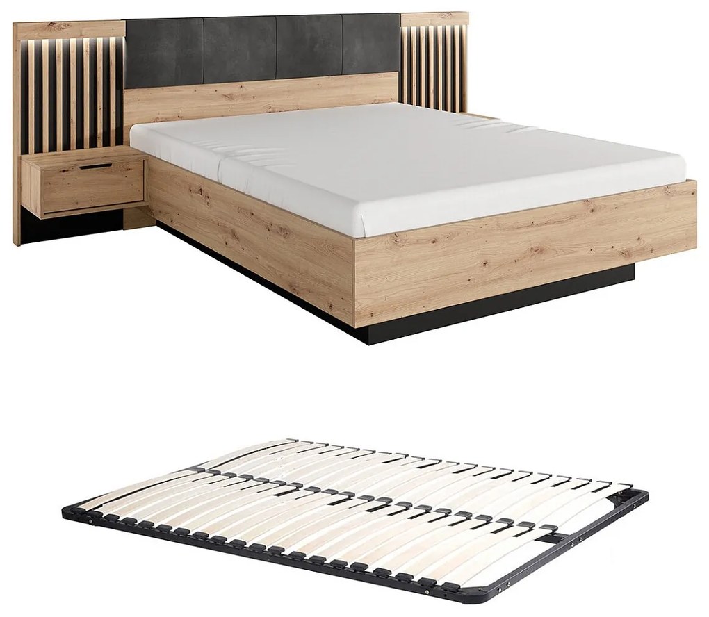Łóżko z szafkami nocnymi 160 x 200 cm - Z oświetleniem LED - Naturalny i czarny + Stelaż - ARIADA