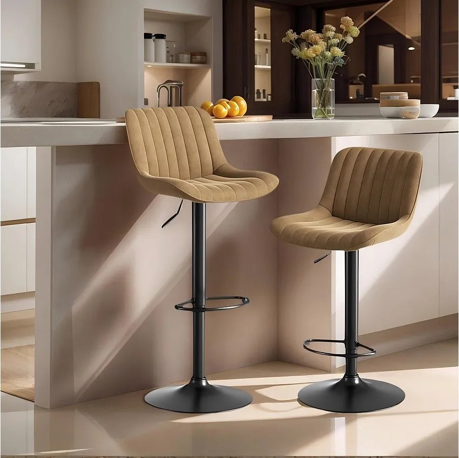 Zestaw 2 hokerów barowych z brązowego aksamit, obrotowych i regulowanych na wysokość