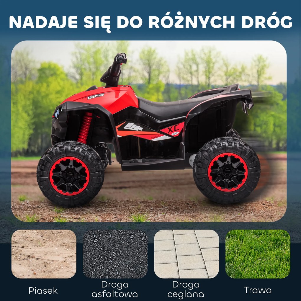 HOMCOM Elektryczny Quad dla Dzieci, Światła LED, Odtwarzacz MP3, Amortyzatory, Ergonomiczne Siedzenie, Czerwony+Czarny