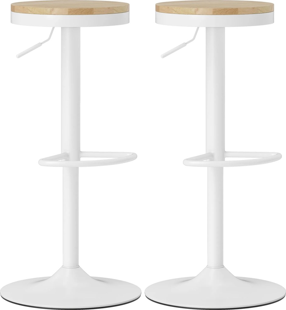 HOMCOM Stołki barowe 2 szt., regulowane, obrotowe 360° z ramą stalową i podnóżkiem 38,5x38,5x60-80 cm Drewno naturalne+Biały | Aosom PL