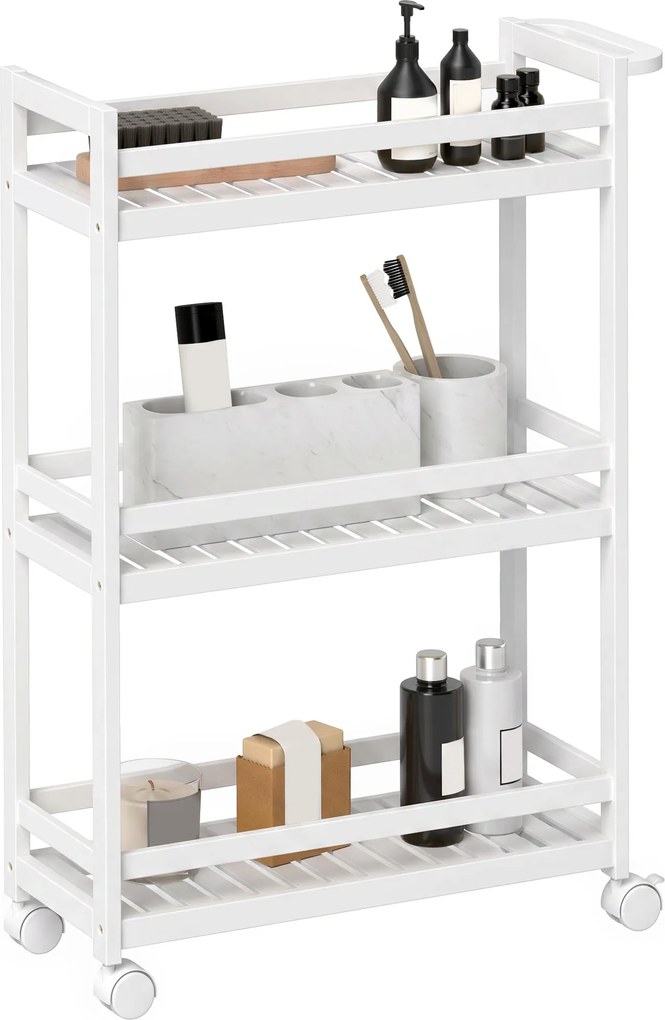 HOMCOM Wózek serwisowy, 3 poziomy, półki z lamelami, zabezpieczenie przed wypadaniem, bambus, 55 x 20 x 75 cm | Aosom PL