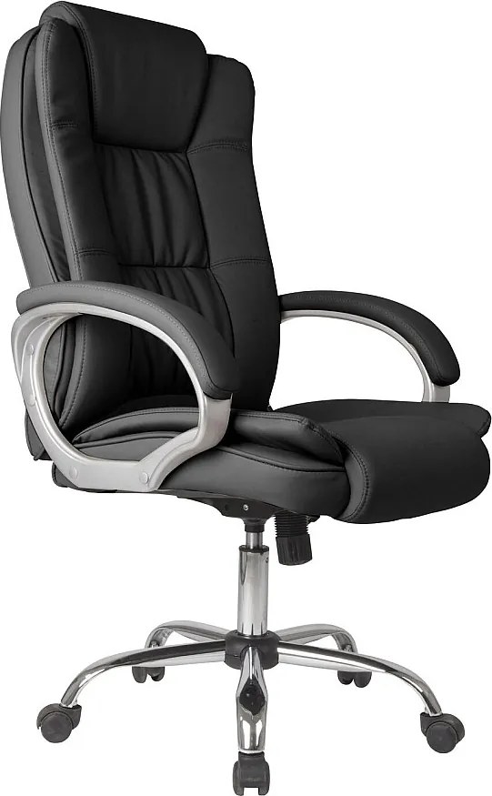 Fotel biurowy Karen z regulowaną wysokością i opuszczanym oparciem w czarnym skóropodobnym materiale.