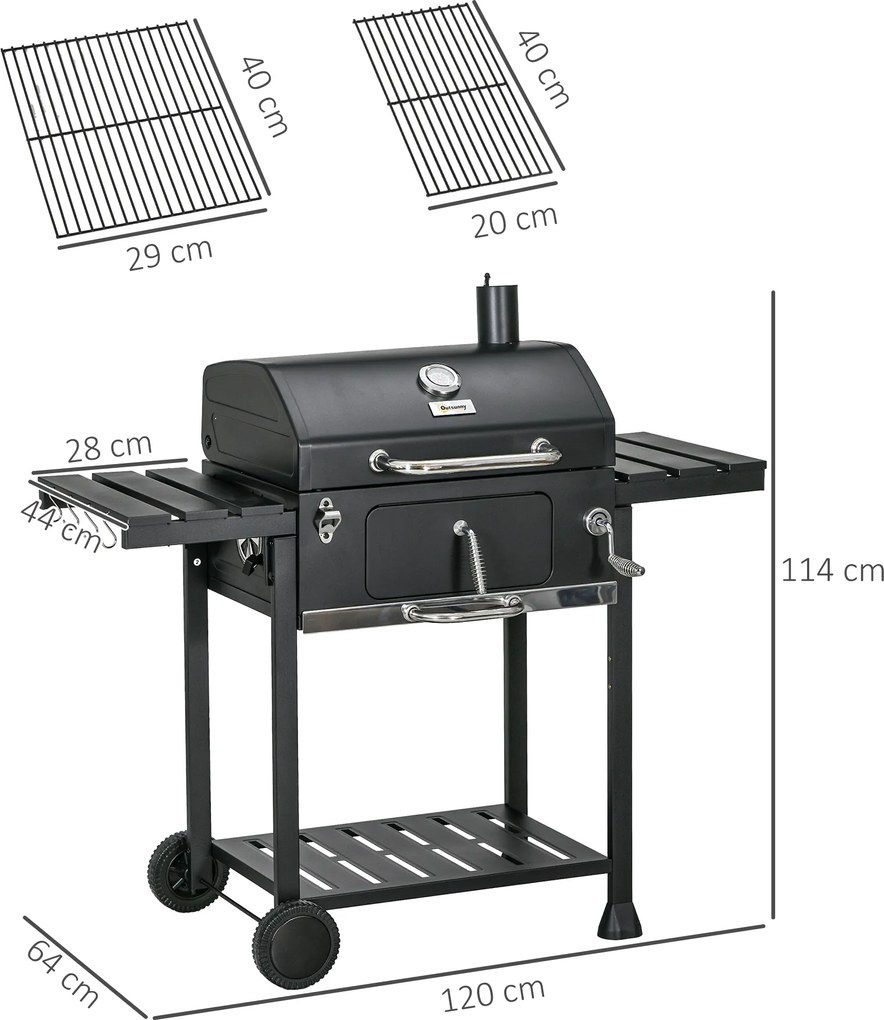 Outsunny Grill węglowy Grill BBQ-Grill, włącznie z termometrem, otwieraczem do butelek, 120 x 64 x 114 cm, czarny