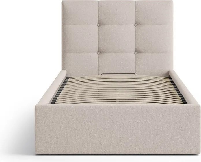 Jasnobrązowe tapicerowane łóżko jednoosobowe ze schowkiem i stelażem 90x200 cm Phaedra – Micadoni