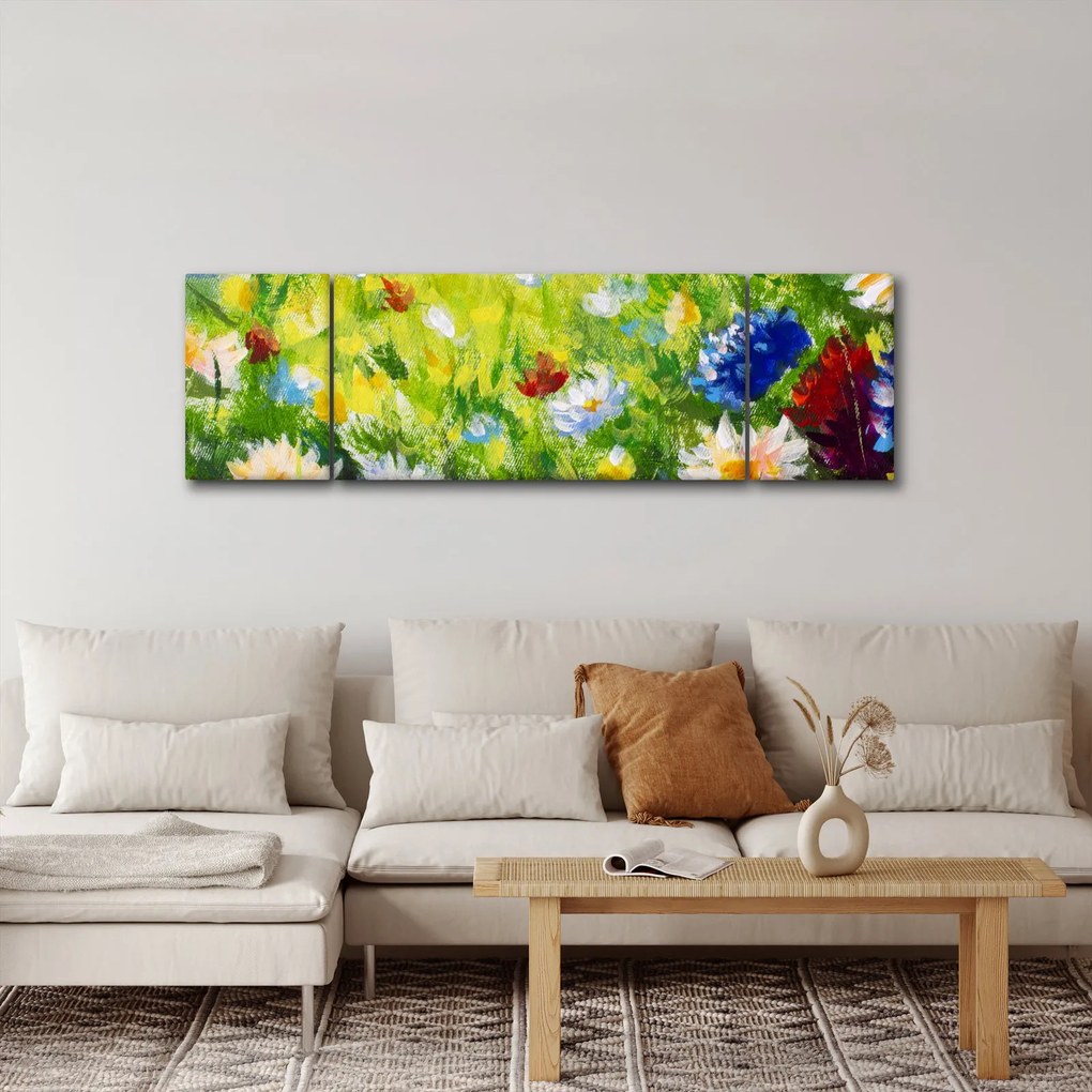 Obraz kwitnącej łąki, obraz olejny (170x50 cm)