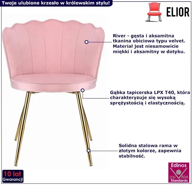 Różowe tapicerowane krzesło na złotych nogach A6-R20