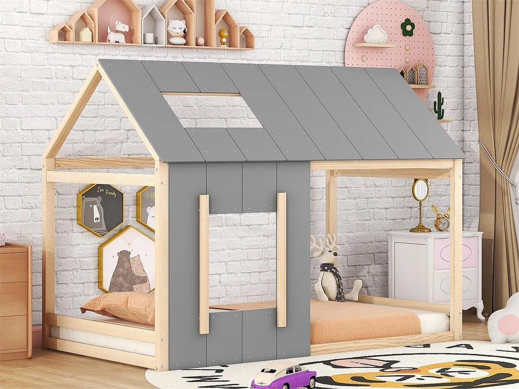 Łóżko kabinowe dla dzieci 90 x 200 cm - sosna i MDF - kolory: Naturalny + Szary