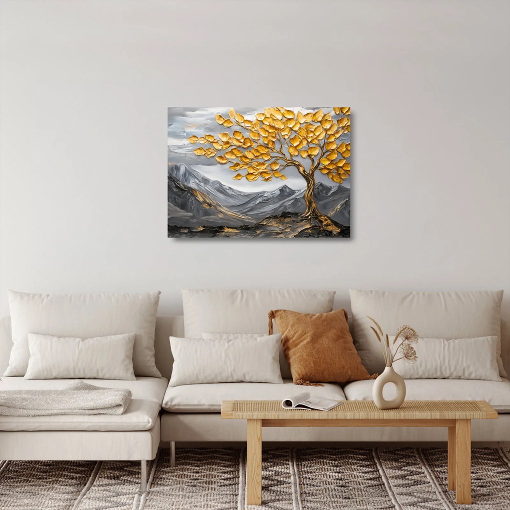 Obraz na szkle – Drzewo ze złotymi liśćmi (70x50 cm)