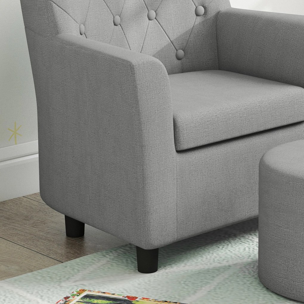 AIYAPLAY Fotel dla dzieci z pufem, oparcie w wzór w romby, miękkie siedzisko, drewniana rama, Szary