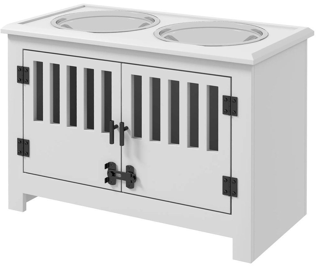 PawHut Podwyższona stacja żywieniowa dla dużych psów, 2 miski ze stali nierdzewnej, przestrzeń do przechowywania, 35,5x60x30 cm, Biały