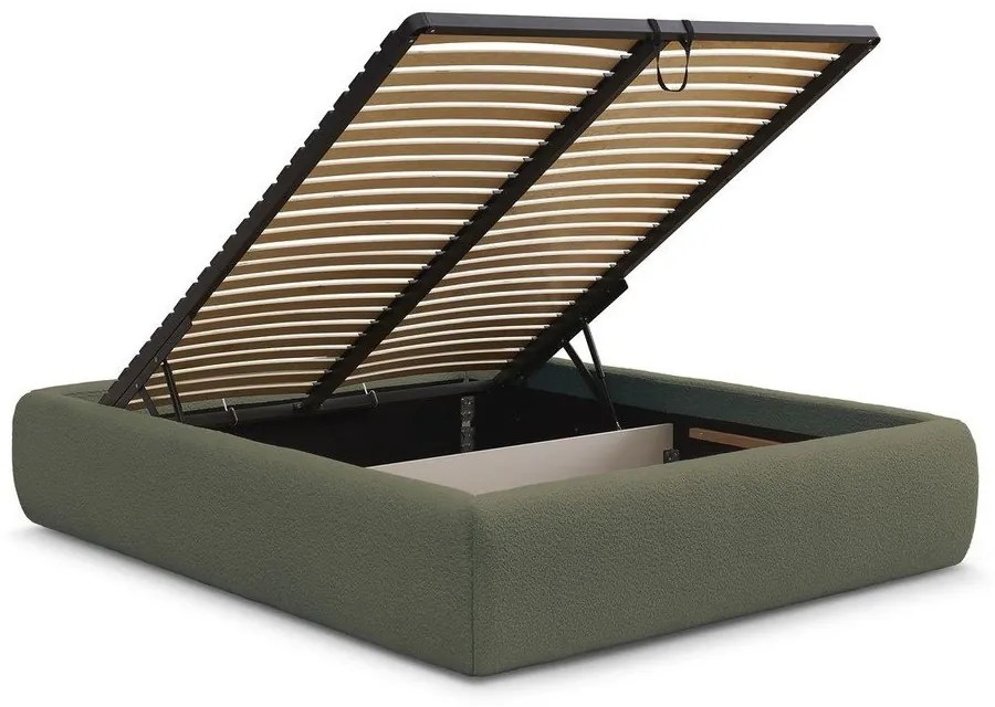 Ciemnozielone tapicerowane łóżko dwuosobowe bez zagłówka ze schowkiem i stelażem 180x200 cm Inera – Bobochic Paris