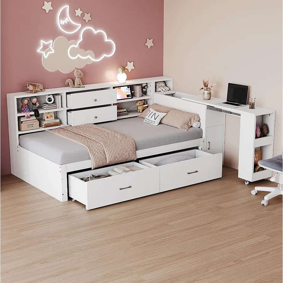 Sofa dziecięca rozkładana - 90 x 200 cm - z półkami do przechowywania + 2 szuflady + wysuwane biurko - drewno - biała