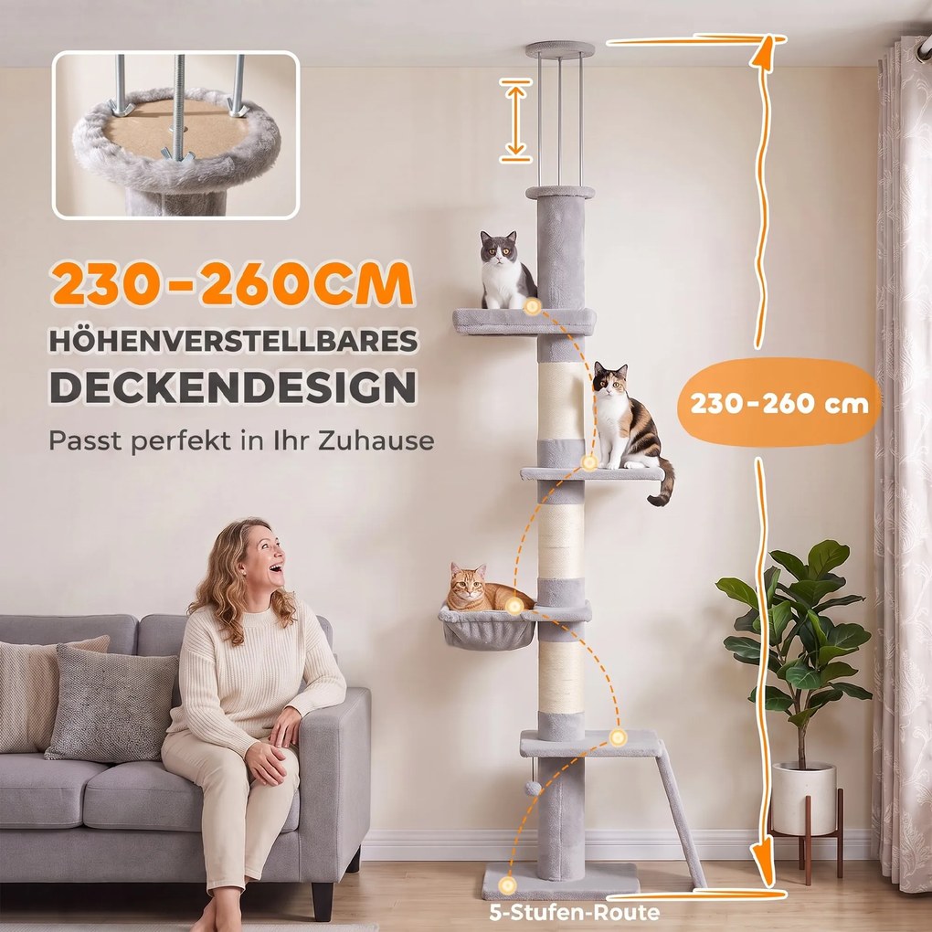 PawHut Drapak sięgający sufitu 230–260 cm, regulowana wysokość, drzewko dla kota z 5 poziomami, 3 grube słupki sizalowe, płyta do drapania z sizalu | Aosom PL