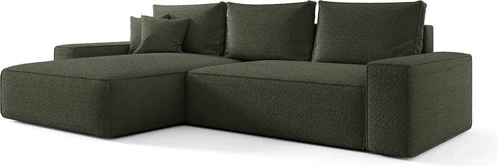 NAROŻNIK MONA z funkcją spania QUELLE 37 Ciemnozielony Lewy Sofa w kształcie L z pojemnikiem na pościel, sofa rozkładana, sofa do salonu
