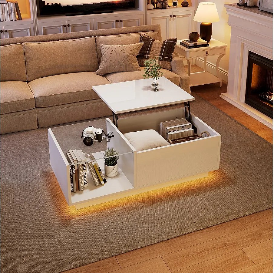Stolik kawowy regulowany - 100 x 50 x 33 cm - z diodami LED + ukryty schowek + półka - płyta wiórowa - biały