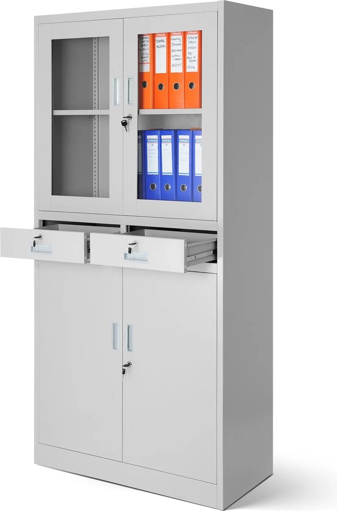 Szafa biurowa z gablotą szklaną Edmund 90x40x185 cm szara