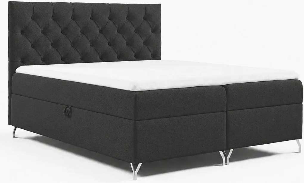 Łóżko kontynentalne GracePLUS-120x200cm z pojemnikami na pościel|Topper|Dwuosobowe|Tapicerowane|Glamour|Vintage|srebrne nogi 12cm-Czarny
