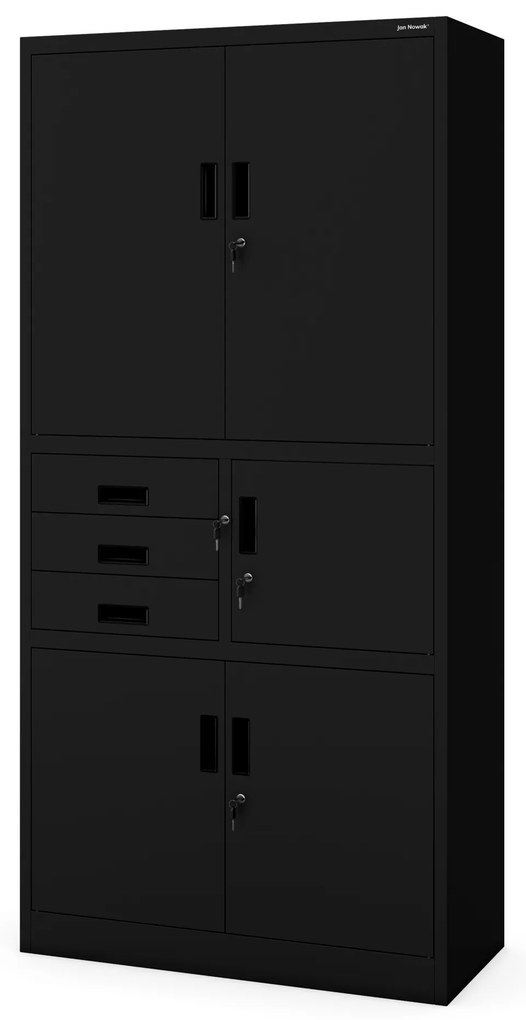 Szafa biurowa metalowa z sejfem i szufladami czarna, 900x1850x400 mm: FILIP II