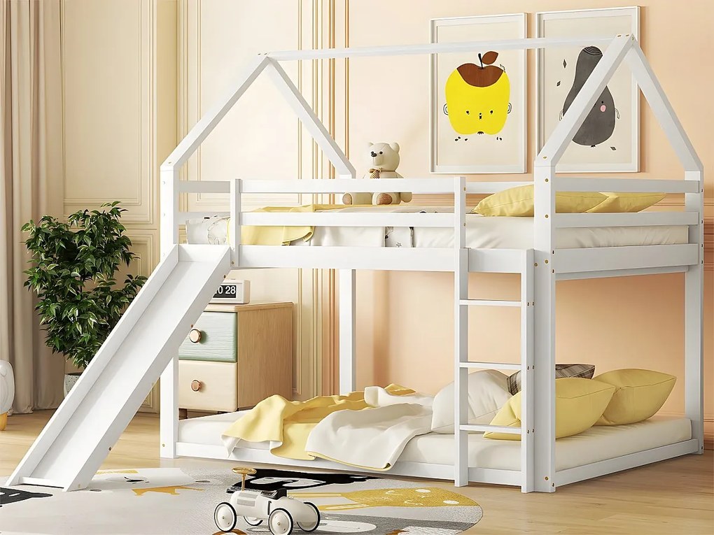 Łóżko piętrowe domek z zjeżdżalnią i drabinką - 140x200cm - rama z litego drewna sosnowego - Białe