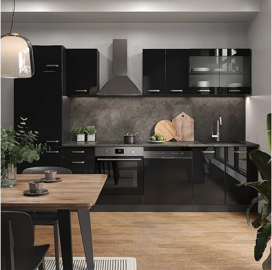 Aneks kuchenny czarny/antracyt o wysokim połysku 300x60x81.6 r-line