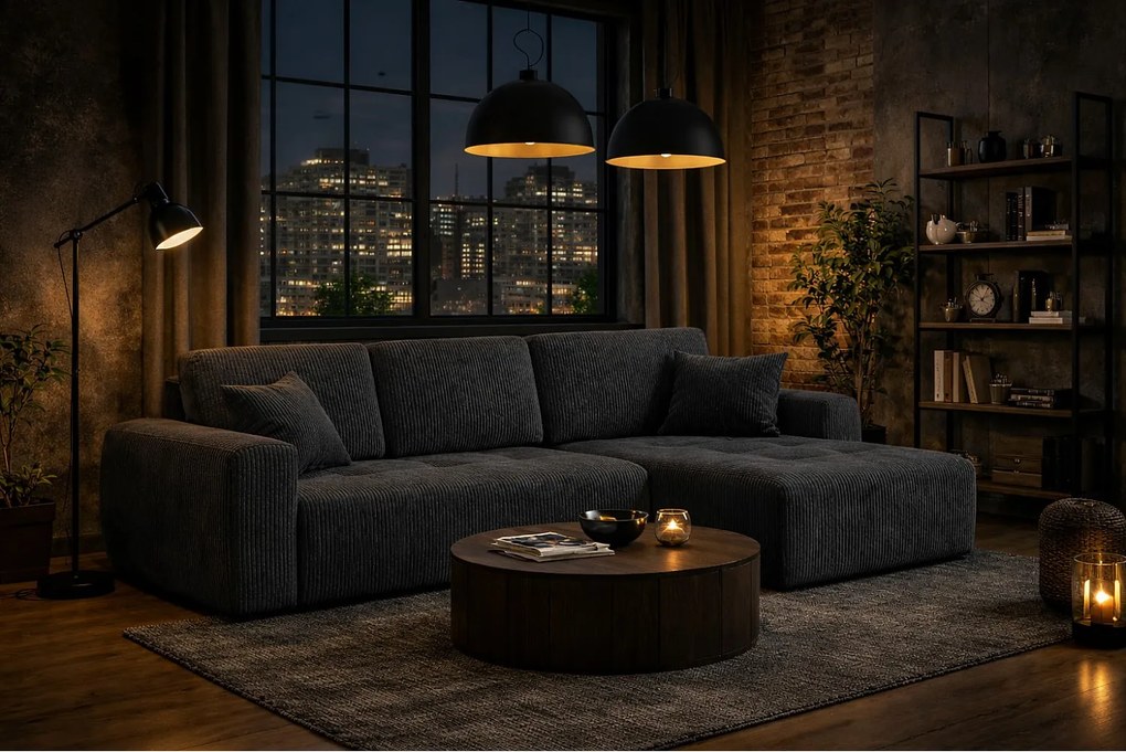 Narożnik w kształcie L z funkcją spania i pojemnikiem Ivo L, tkanina sztruksowa Poso, Szary, Prawy