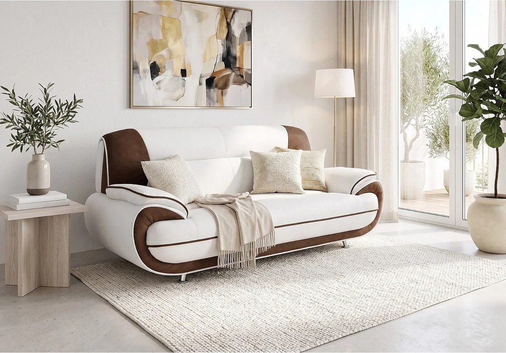 Sofa PALERMO 3-osobowa – elegancka sofa do salonu w tkaninie KRONOS biało- brązowej