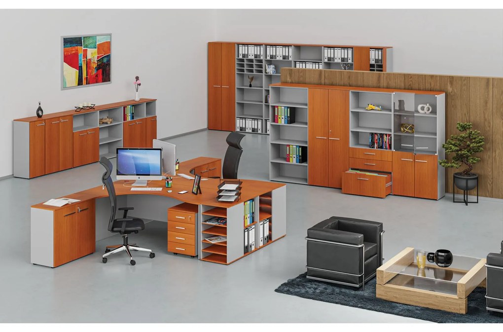 Szafa biurowa kombinowana PRIMO GRAY, drzwi przesuwne na 2 poziomach, 800 x 420 x 1434 mm, szary/wiśnia