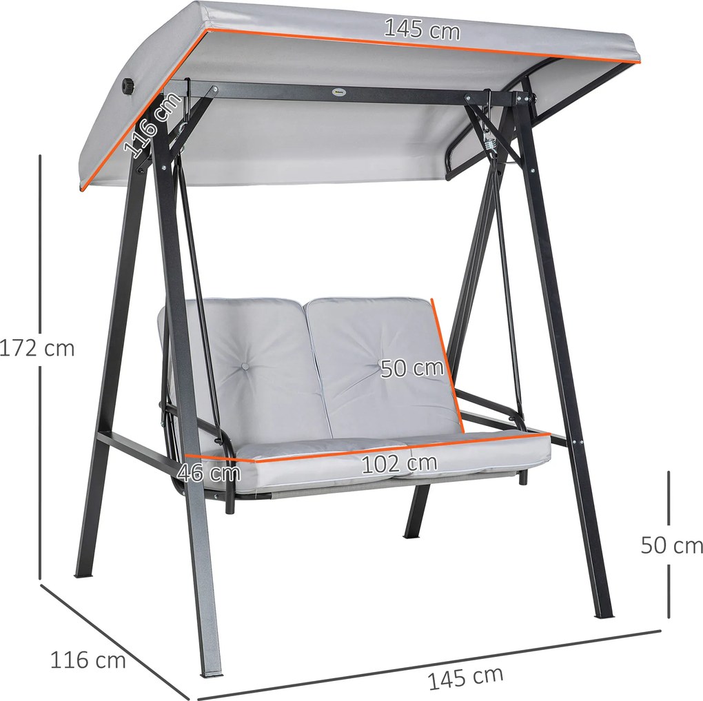 Outsunny Huśtawka Hollywood, 2-osobowa Huśtawka Ogrodowa z Regulowanym Daszkiem, Udźwig do 220 kg, 145 x 116 x 172 cm, Szara