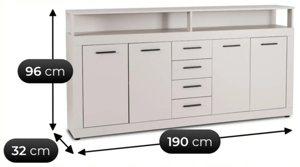 Komoda Czterodrzwiowa z Szufladami BLAGO 190 cm Kaszmir Nowoczesna