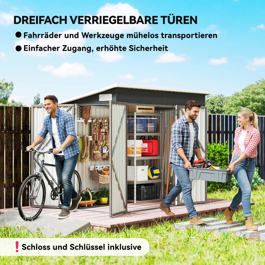 Outsunny Metalowy domek narzędziowy 2,68 m², zamykany schowek z 3 drzwiami, wentylacja, dach jednospadowy, rękawice | Aosom PL