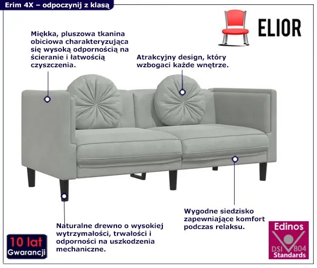 Jasnoszara aksamitna sofa 2-osobowa z poduszkami - FINO 4X