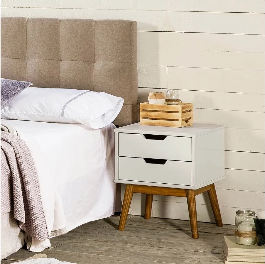 Stolik nocny Baku 2 szuflady biały, lite drewno sosnowe