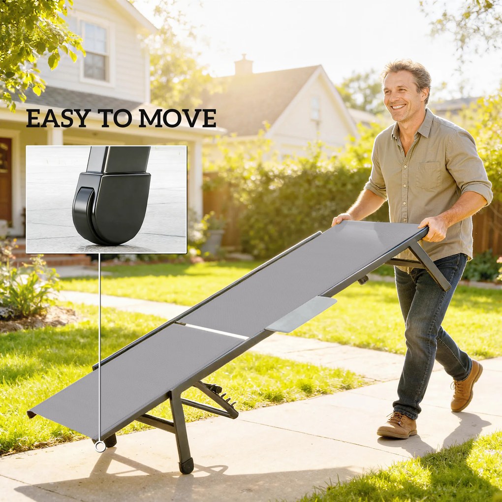 Outsunny Zestaw 2 Leżaków Ogrodowych z 5-stopniowo Regulowanym Oparciem, Bocznym Stolikiem, Kółkami, Antypoślizgowe Nogi Szary | Aosom PL