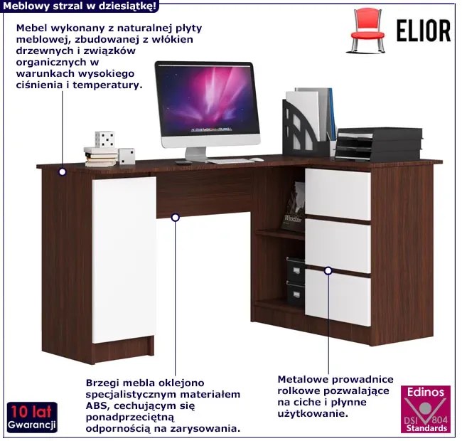 Duże biurko narożne z szufladami wenge + biały prawostronne - Volume 4X
