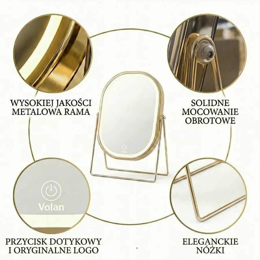 Lusterko Do Makijażu PREMIUM Kosmetyczne POŁYSK Metalowe PODŚWIETLANE LED