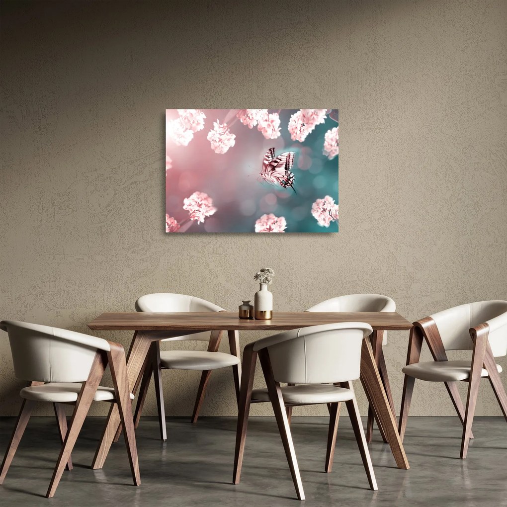 Obraz na szkle - Motyl wśród kwiatów (70x50 cm)
