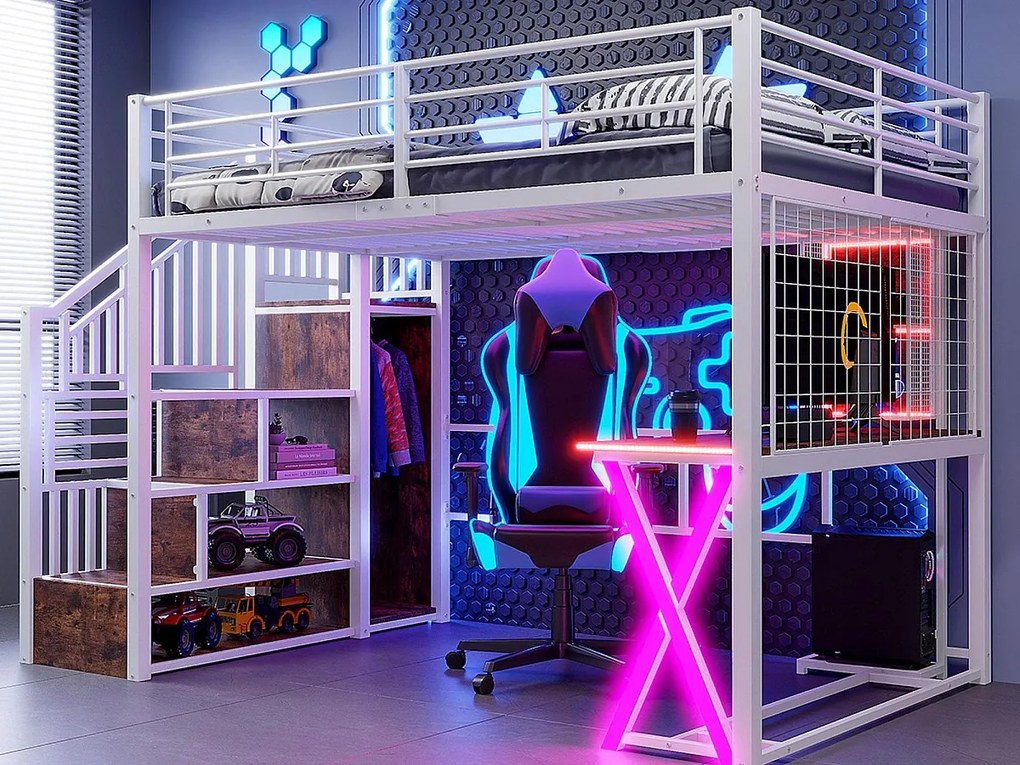 Łóżko piętrowe 140x200cm z LED - biurko + szafa + drabinka - białe